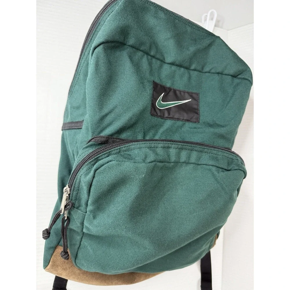 Vintage 90s NIKE Green/Brown LEATHER Base BACKPACK Athletic Outdoor Hike Gym Bag